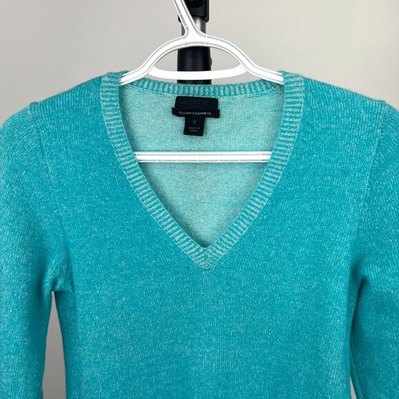 Sz M- J. Crew Italian Cashmere V-Neck 3/4 Sleeve Turquoise Slim Fit Knit Sweater - Picture 2 of 10